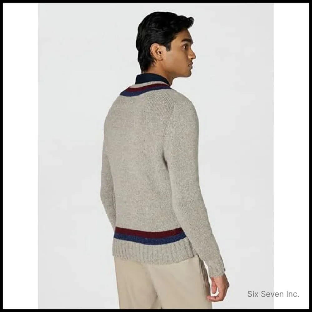 Classic V-Neck Tennis Sweater Preppy Elegant Wool Blend Long Sleeve Pullover